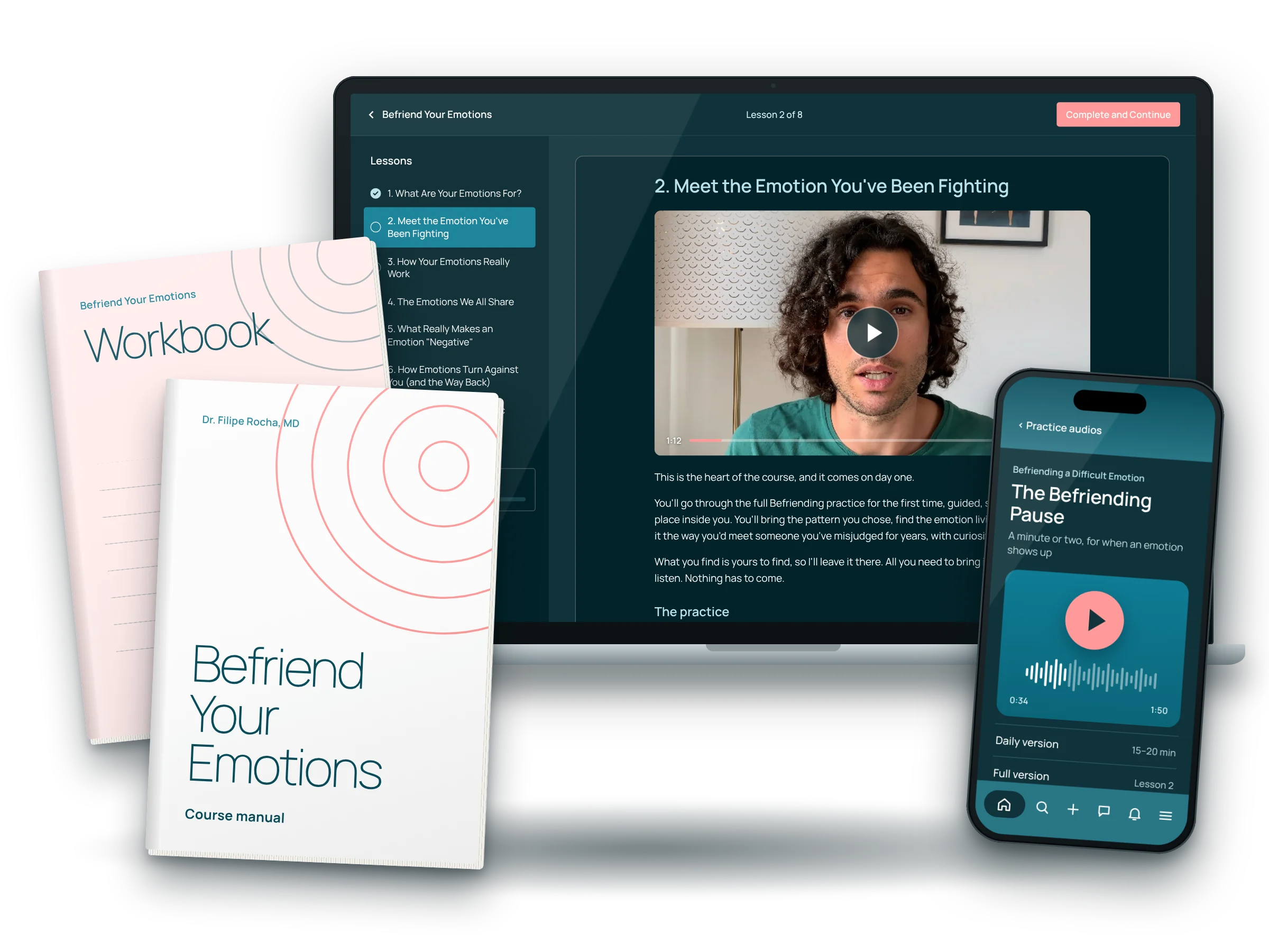 Befriend Your Emotions The Befriend Your Emotions course on a laptop and a phone, with the manual and workbook beside them